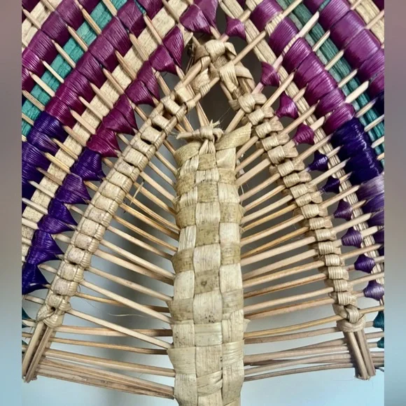 Hand Crafted Woven Palm Bamboo Fan Bohemian Boho Purple Green Natural Materials - Picture 5 of 6